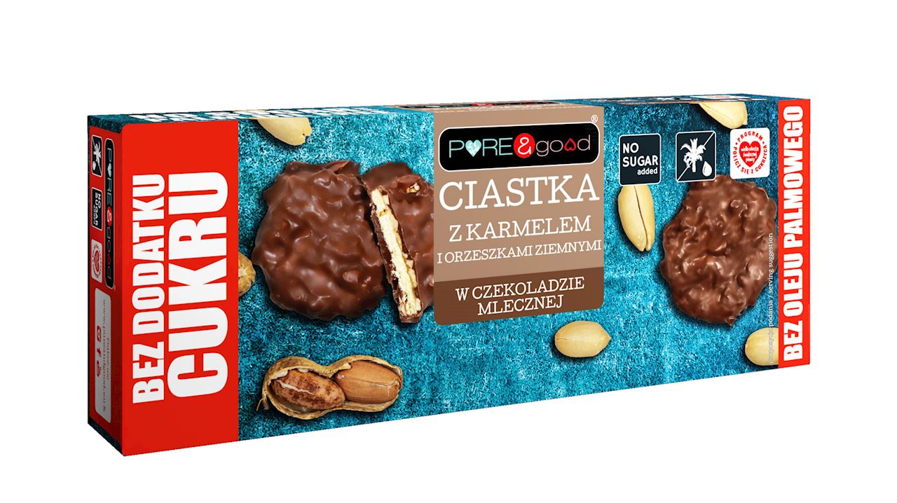 CIASTKA Z KARMELEM I ORZESZKAMI ZIEMNYMI W CZEKOLADZIE MLECZNEJ BEZ DODATKU CUKRU 128 g - PUREGOOD-0