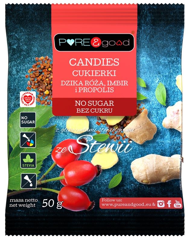 CUKIERKI Z DZIKĄ RÓŻĄ, IMBIREM I PROPOLISEM ZE STEWIĄ BEZ CUKRU 50 g - PUREGOOD-0