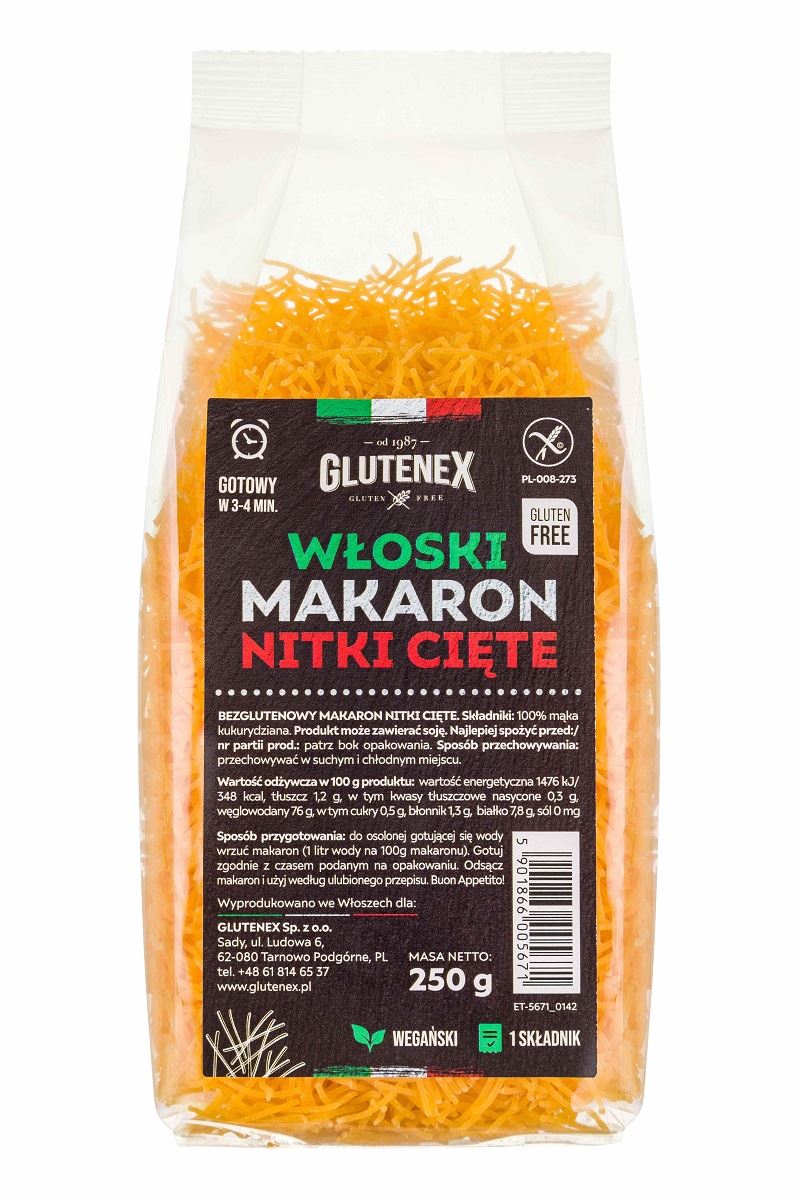 MAKARON (KUKURYDZIANY) NITKI CIĘTE BEZGLUTENOWY 250 g - GLUTENEX-0