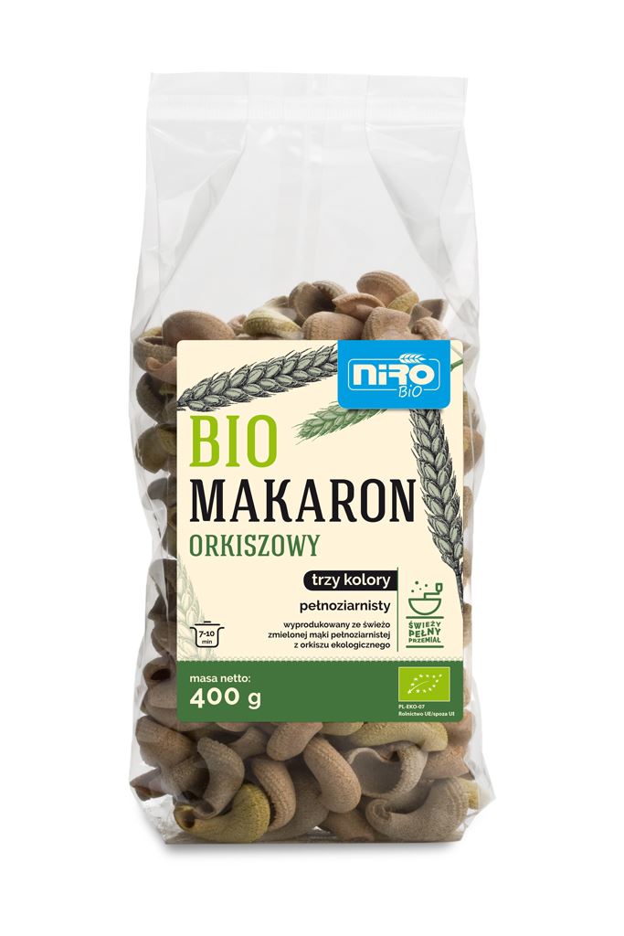 MAKARON (ORKISZOWY RAZOWY TRÓJKOLOROWY) MUSZELKI BIO 400 g - NIRO-0