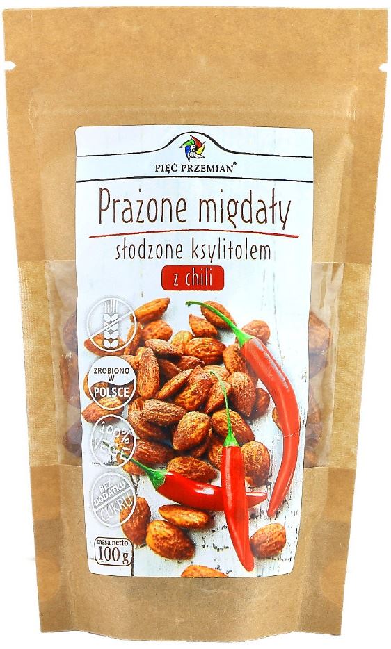 MIGDAŁY PRAŻONE Z CHILI SŁODZONE KSYLITOLEM BEZGLUTENOWE 100 g - PIĘĆ PRZEMIAN-0