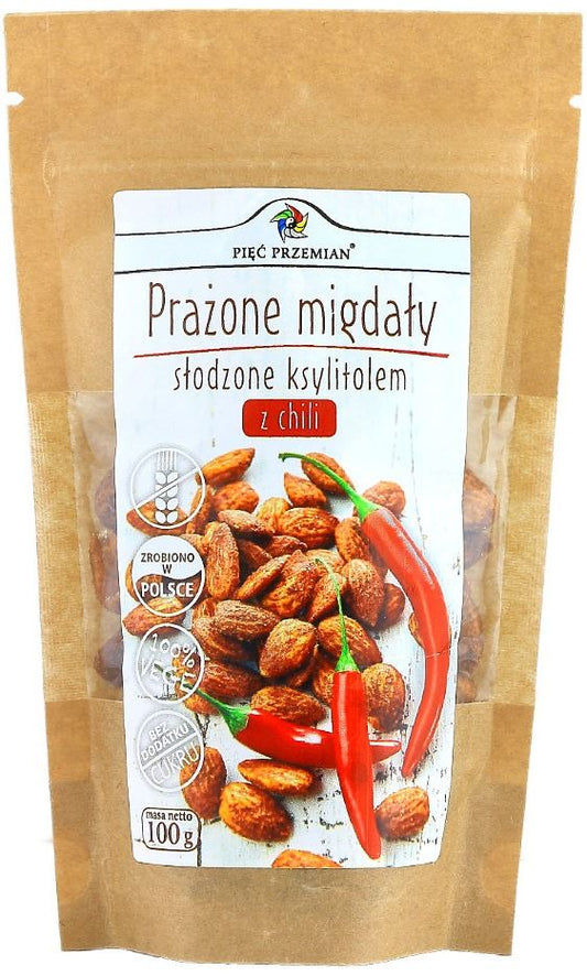 MIGDAŁY PRAŻONE Z CHILI SŁODZONE KSYLITOLEM BEZGLUTENOWE 100 g - PIĘĆ PRZEMIAN-0