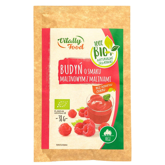 Budyń o smaku malinowym z malinami bez dodatku cukru Vitally Food BIO, 38g-0