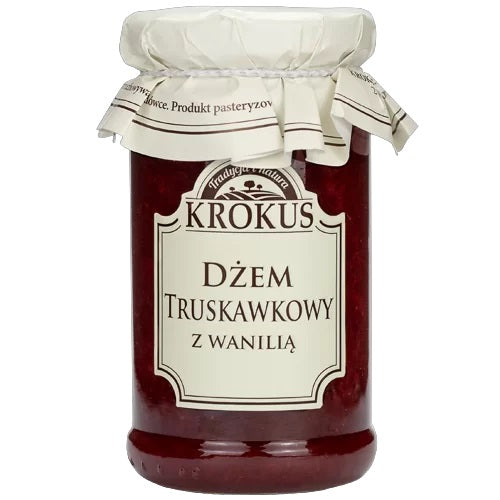 DŻEM TRUSKAWKOWY Z WANILIĄ O OBNIŻONEJ ZAWARTOŚCI CUKRU BEZGLUTENOWY 235 g - KROKUS-0