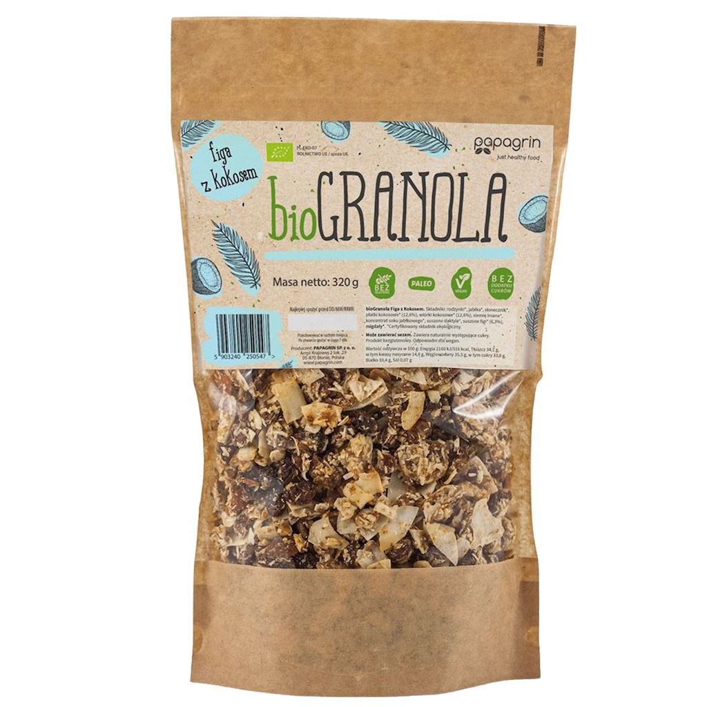 GRANOLA FIGA Z KOKOSEM BEZ DODATKU CUKRÓW BEZGLUTENOWA BIO 320 g - PAPAGRIN-0