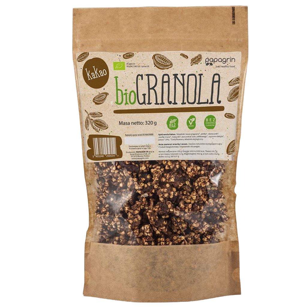 GRANOLA Z KAKAO BEZ DODATKU CUKRÓW BEZGLUTENOWA BIO 320 g - PAPAGRIN-0