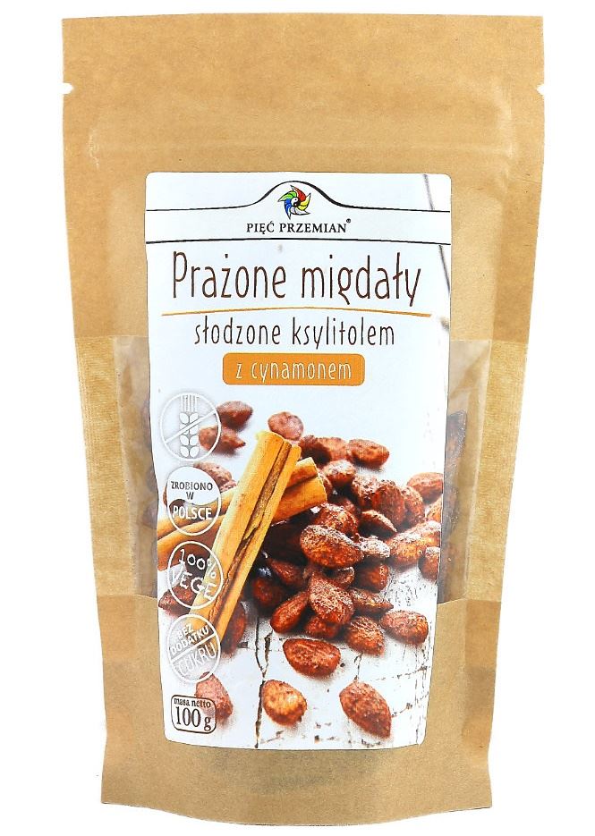 MIGDAŁY PRAŻONE Z CYNAMONEM SŁODZONE KSYLITOLEM BEZGLUTENOWE 100 g - PIĘĆ PRZEMIAN-0