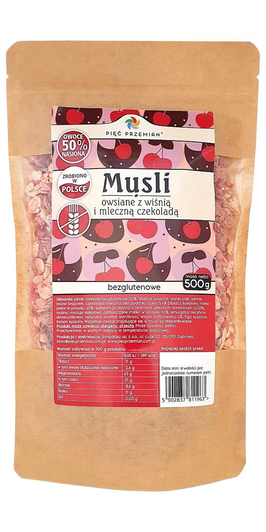 MUSLI OWSIANE Z WIŚNIĄ I Z CZEKOLADĄ MLECZNĄ BEZGLUTENOWE 500 g - PIĘĆ PRZEMIAN-0