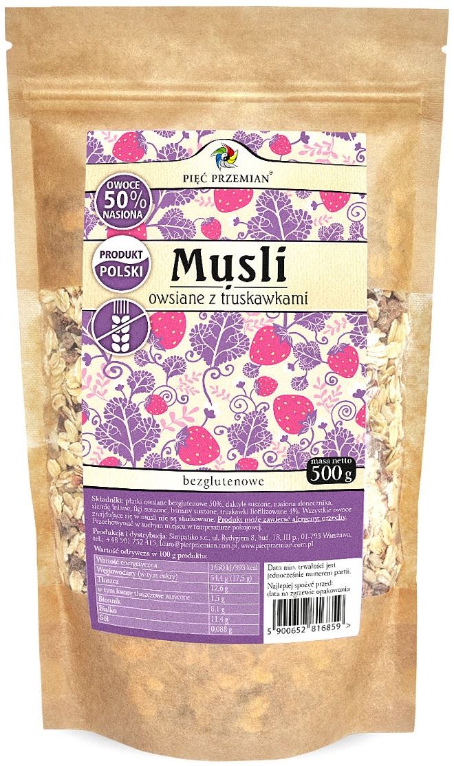 MUSLI TRUSKAWKOWE BEZ DODATKU CUKRÓW BEZGLUTENOWE 500 g - PIĘĆ PRZEMIAN-0