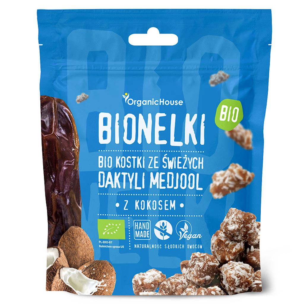 PRALINY DAKTYLOWE Z WIÓRKAMI KOKOSOWYMI BEZGLUTENOWE BIO 50 g - ORGANIC HOUSE (BIONELKI)-0