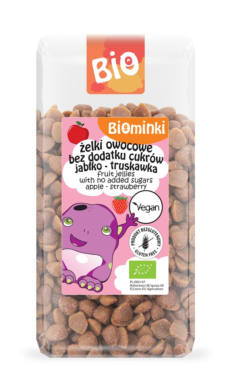 ŻELKI OWOCOWE BEZ DODATKU CUKRÓW JABŁKO - TRUSKAWKA BEZGLUTENOWE BIO 400 g - BIOMINKI-0