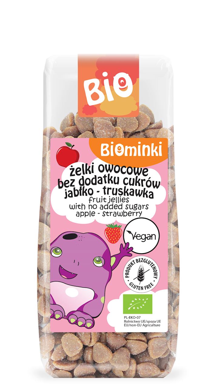 ŻELKI OWOCOWE BEZ DODATKU CUKRÓW JABŁKO - TRUSKAWKA BEZGLUTENOWE BIO 150 g - BIOMINKI-0