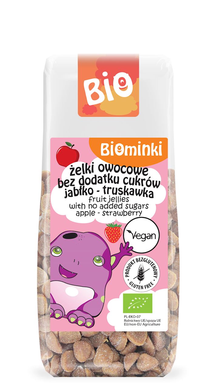 ŻELKI OWOCOWE BEZ DODATKU CUKRÓW JABŁKO - TRUSKAWKA BEZGLUTENOWE BIO 75 g - BIOMINKI-0