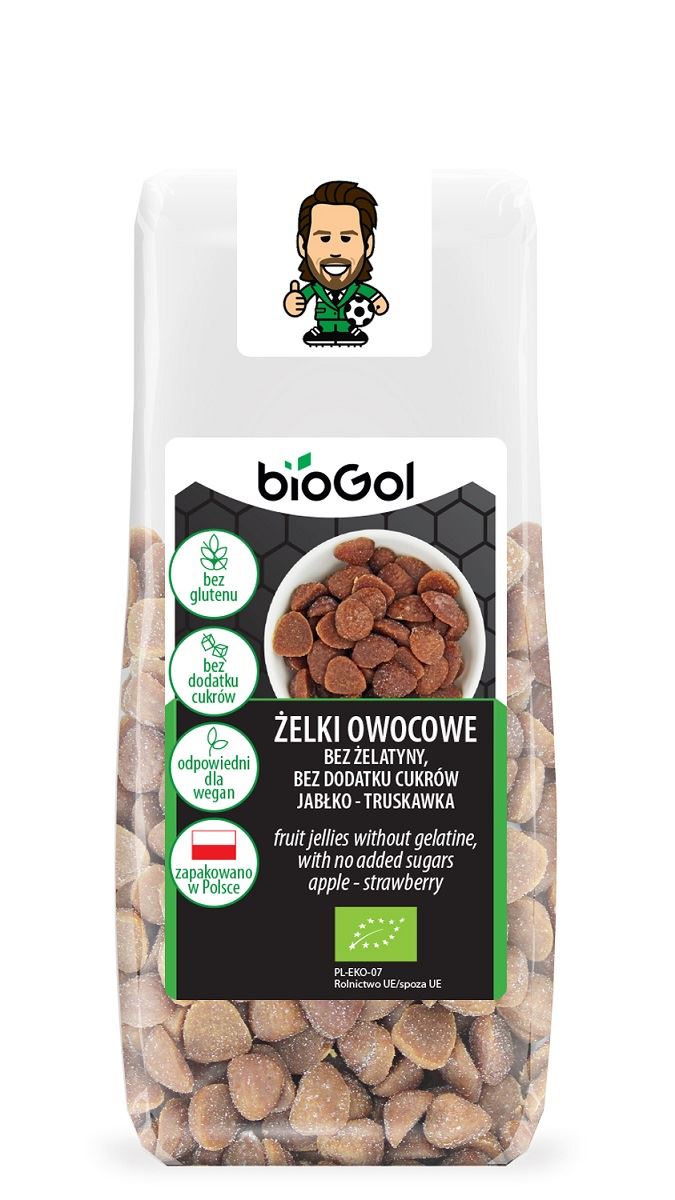 ŻELKI OWOCOWE BEZ ŻELATYNY, BEZ DODATKU CUKRÓW JABŁKO - TRUSKAWKA BEZGLUTENOWE BIO 90 g - BIOGOL-0